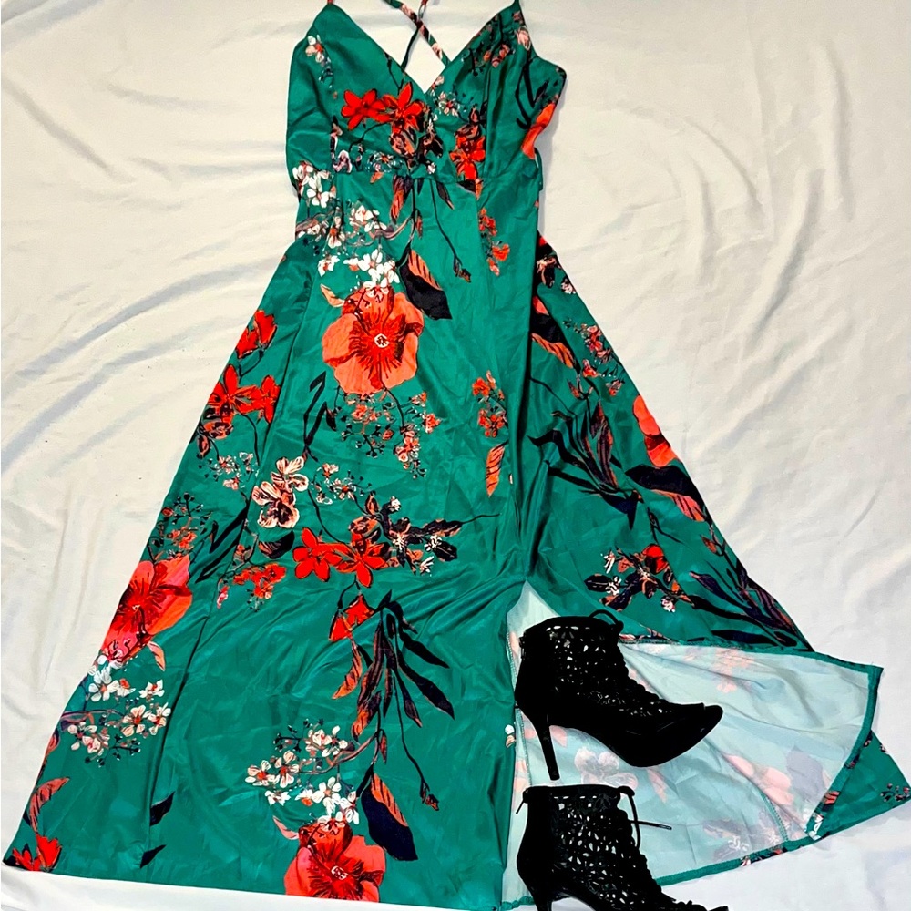 Tropical floral, silk dress.